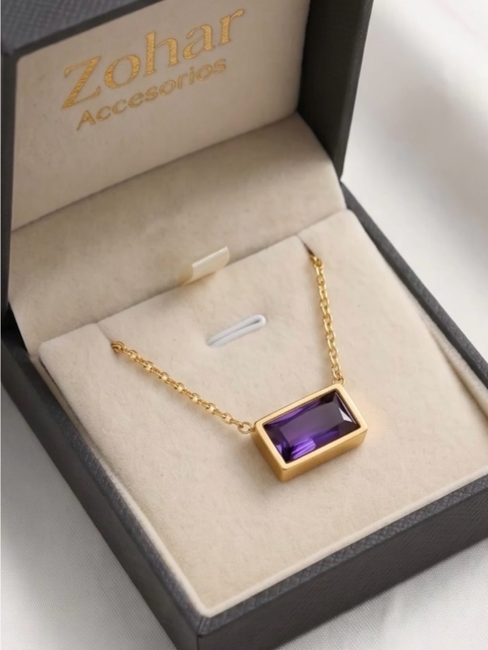 Zohar Gold Necklace with Purple Rectangular Stone